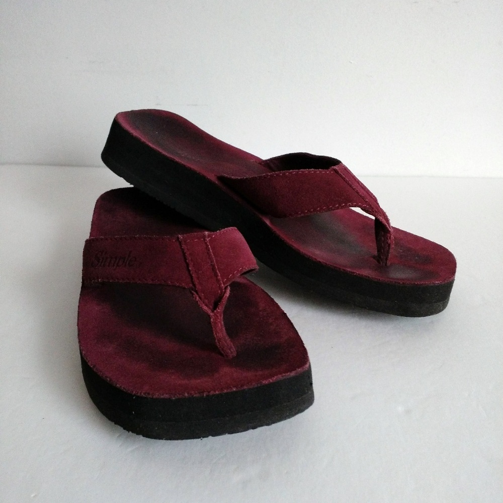 SIMPLE brand genuine leather flip flops Burgundy - Picture 2 of 7